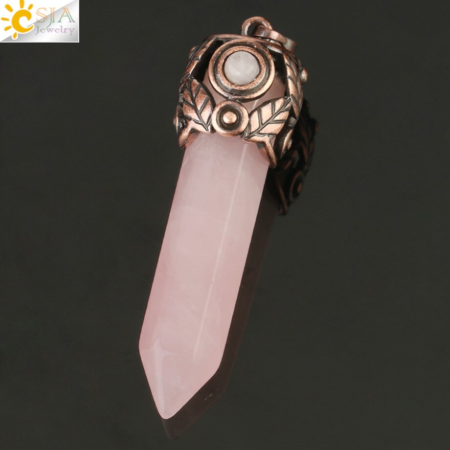 CSJA Naturale Pietra di Cristallo Pendenti con gemme e perle Rosso Antico di Rame Esagonale Colonna Pendente di Energia Femminile Degli Uomini Collane Dei Monili Dell'annata G178: Rose Quartz