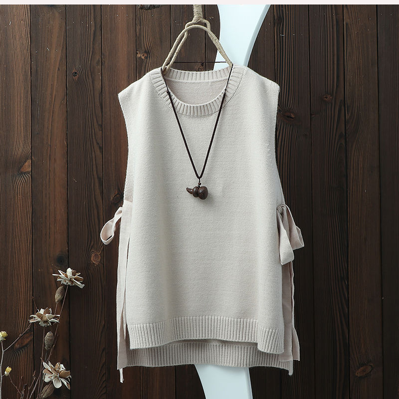 Stil litterær rundhalset ensfarvet strikket vest damevest med bred løs pullover vest med slidser