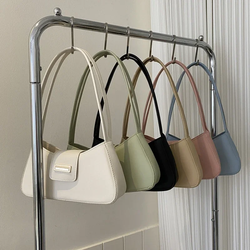 Minimalist Shoulder Bag for Women Simple Solid Color Underarm Bag Buckle Handbag and Purse Small Top-handle Bags