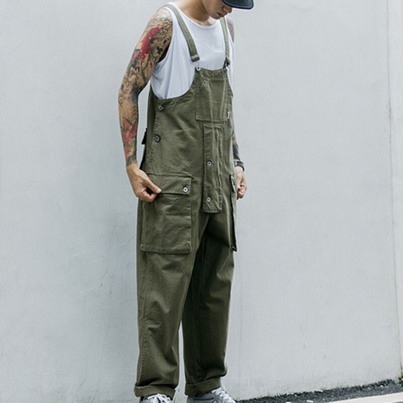 Vintage Multi Pocket Overalls Casual Mannen Jumpsuit Streetwear Losse Een Stukken Caro Broek Riem Pantalon Hombre Past Zomer