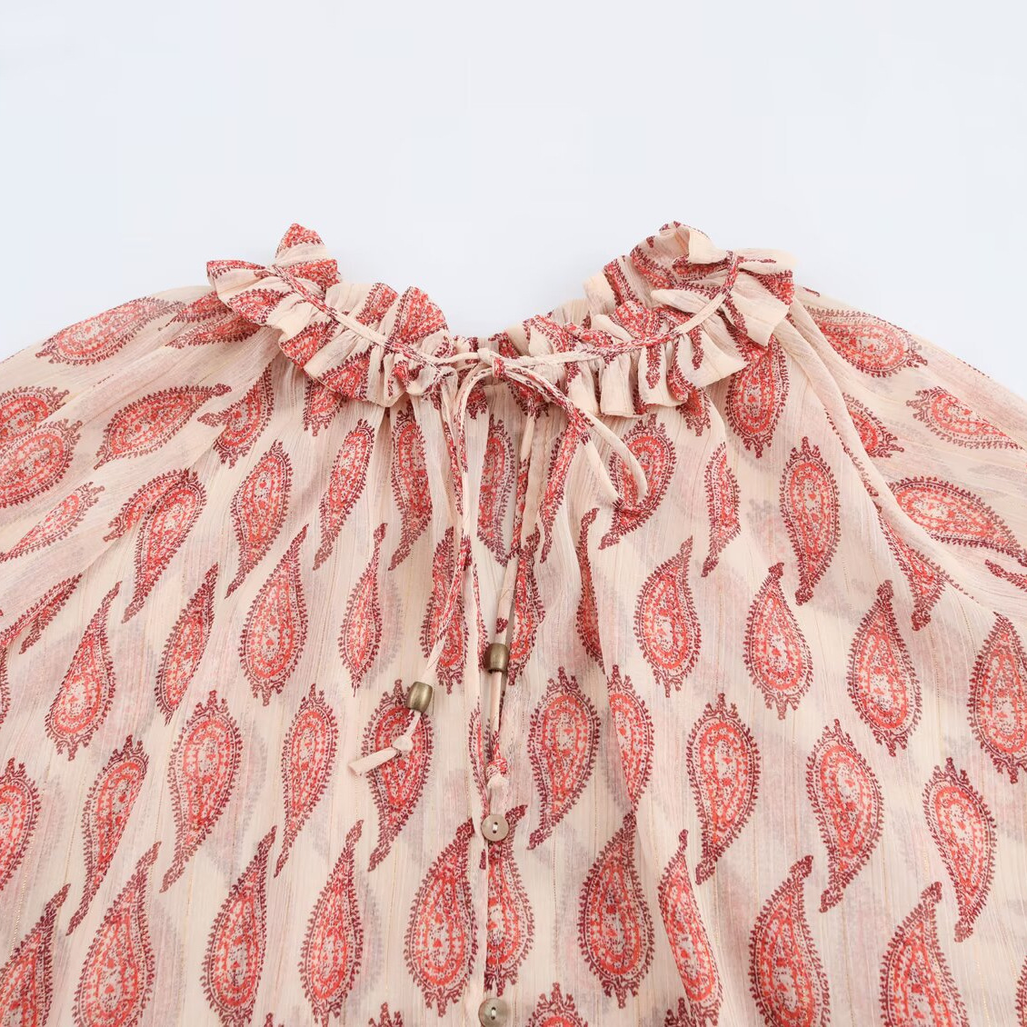 ZBZA Bedrucktes Damen-Shirt mit metallisch-Faden, Kordelzug, Rüschenkragen, langen Ärmeln, einreihig, lockerer Saum, Manschetten, geraffte Oberteile, Frühling, Sommer, neues lässiges, schickes Shirt