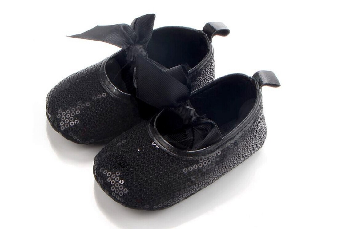 Bling Sparkle Sequins Ribbon Infant Newborn Baby Girl Boy Crib Shoes 0-18M: Black / 7-12 Months