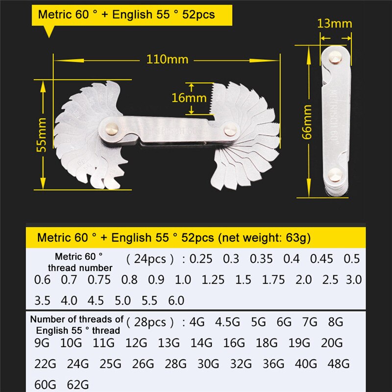 Thread Gauge Metric & Imperial & US Screw Gauge Whitworth 55 Degree & Metrisch 60 Degree Folding Thread Pitch for Measurement: 52pcs US metric