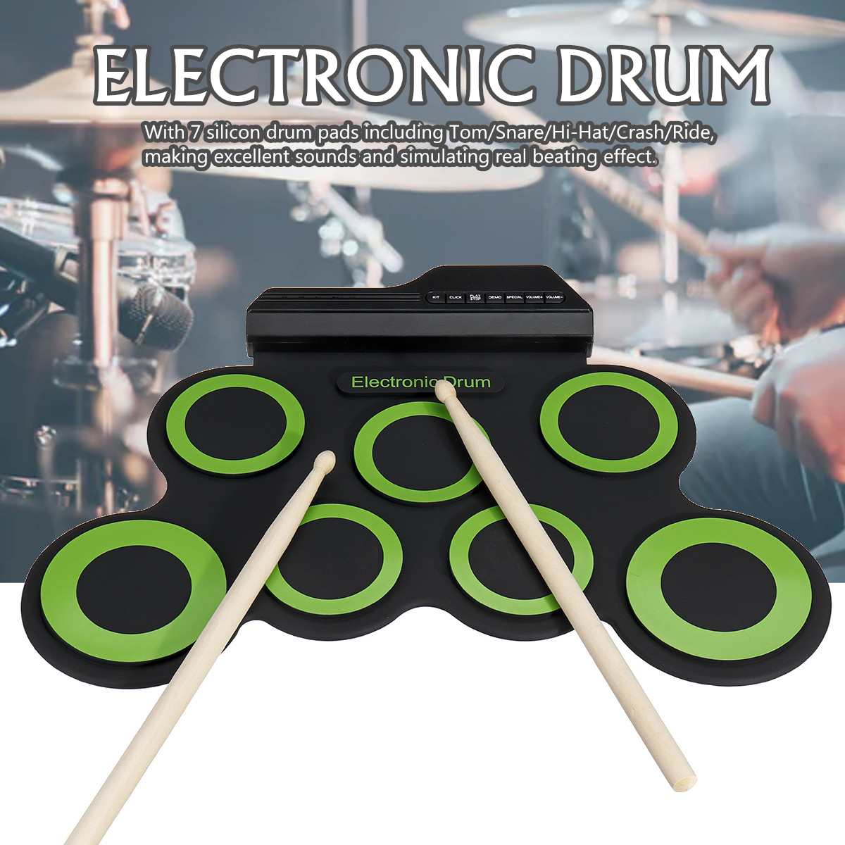 Vouwen Siliconen Elektrische Drum Pad Kit Digitale Usb Roll Up Drum Set Met Drumstokken Voetpedaal Draagbare Elektronische Drum