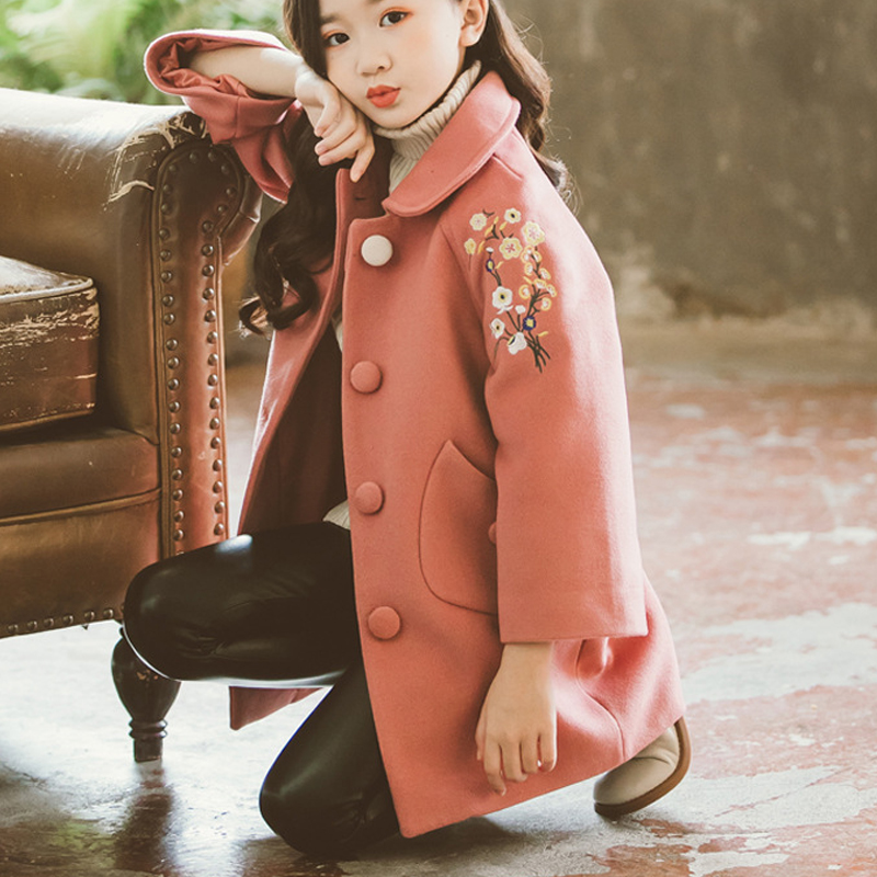 Korean Winter Overcoat Woolen Coat Baby Girls Warm Thickening Tops Lapel Flower Pattern Kids Children Outwear Clothing
