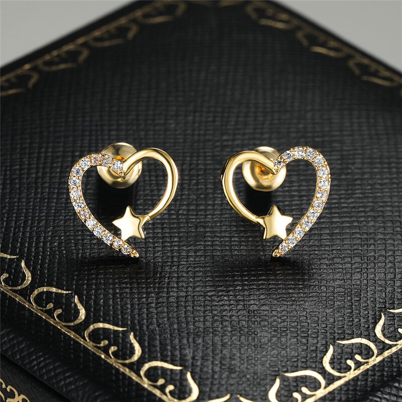 Huitan Mode Vrouwen Stud Oorbellen Goud Kleur Hart Star Chic Vrouwelijke Earring Voor Wedding Party Temperament Zoete Sieraden Bulk