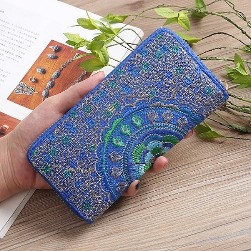 National Embroidery Long Wallets Vintage Women Wallet Purse Female Wallet Pouch Handbag for Woman Lady Coin Card Holders: Blue Wallets