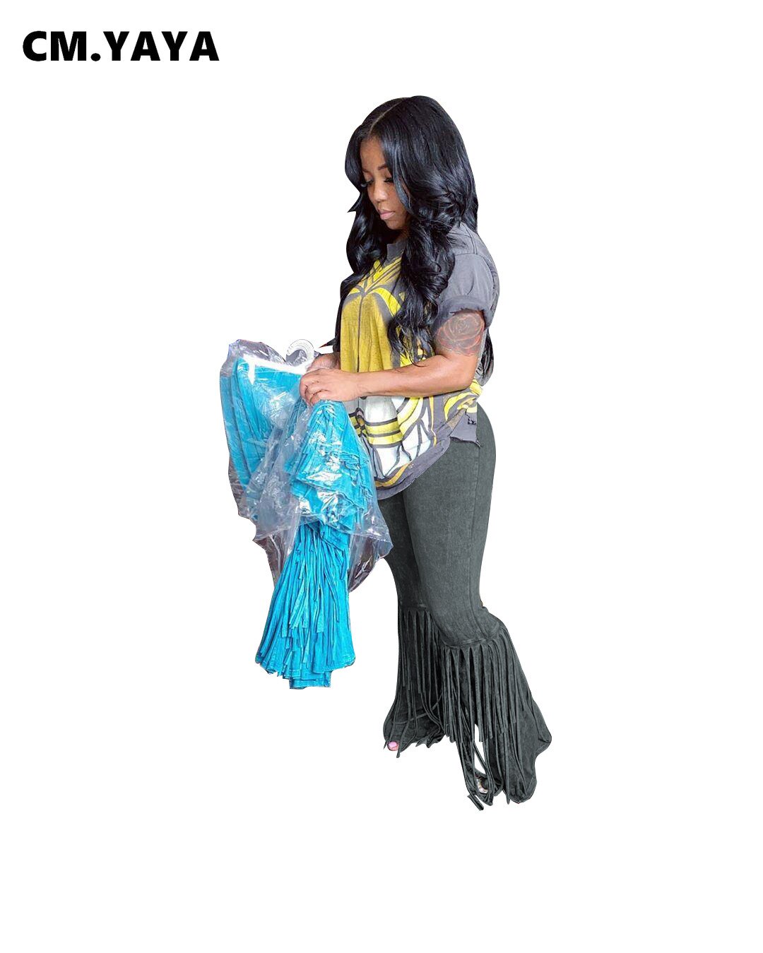 CM.YAYA-ropa de calle de ante para mujer, pantalones de empalme con borlas, Leggings de cintura alta, pantalones de chándal drapeados con campana acampanados
