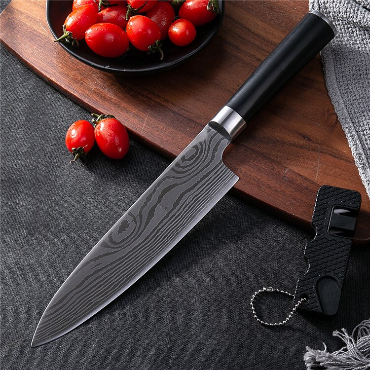 Køkkenknive damaskus årer rustfrit stål knive farve abs håndtag skæreværktøj santoku udskæring kokkekniv med sliber: Kokkniv