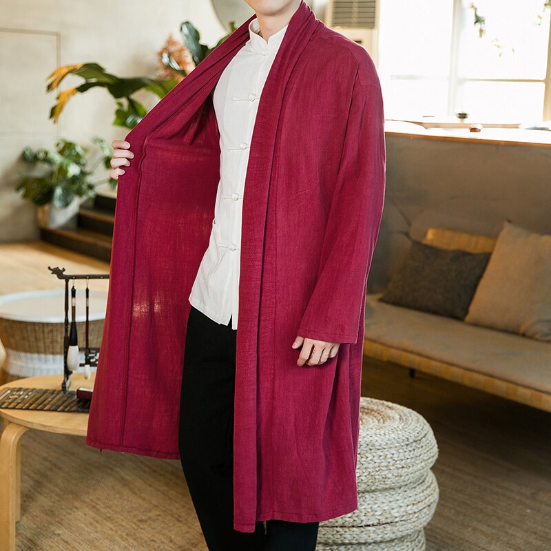 Abrigo largo sin botones para hombre, chaqueta de lino de talla grande, vestido tradicional chino, bata taoísta, ropa de primavera y otoño, 2022: Red / XL