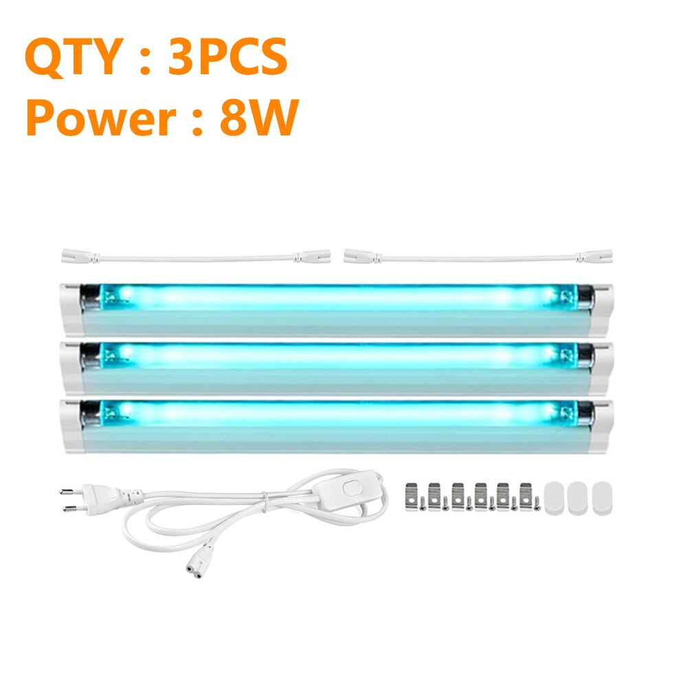 UVC Disinfection Lights Tube UV Ozone Germicidal Lamp T5 Tube Kill Dust Mite Ultraviolet Sterilizer Bulbs 6W 8W EU Plug 220V: 3x8Wx1xEUx2xCable
