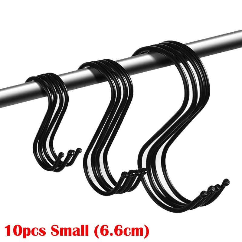 10pcs Stainless Steel S-Shape Hooks Kitchen Bedroom Black Silver Railing S Hanger Hook Clasp Holder Hooks Hanging Storage Tools: 10pcs Black (S)