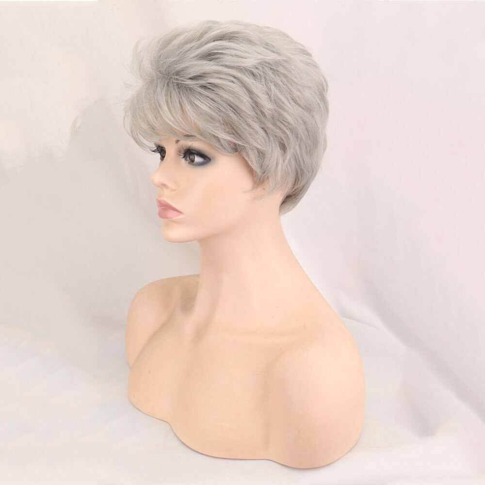 WHIMSICAL W Fluffy Wavy Short Wigs for white women sliver gray Synthetic Hair Multilayered Medium Elastic Breathable Wig Cap