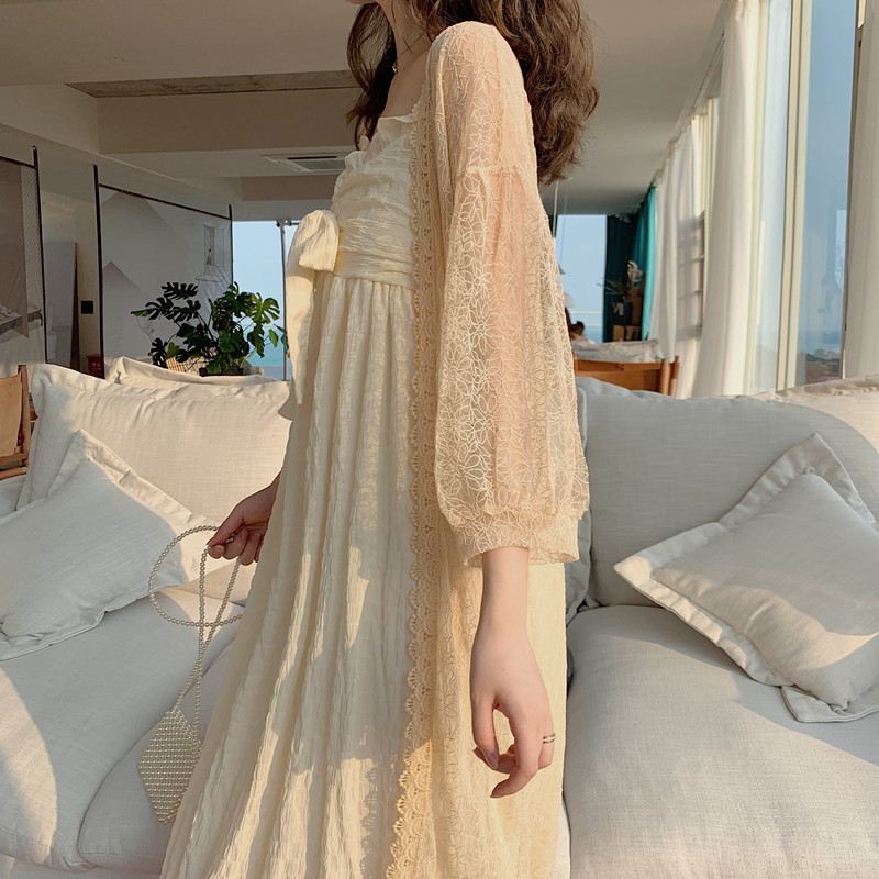 HOUZHOU Night Gown and Robe Sets for Women Cotton Pleated Bow Nightgowns Nightwear Sleep Dress Spring Autumn Nightie Ruffles