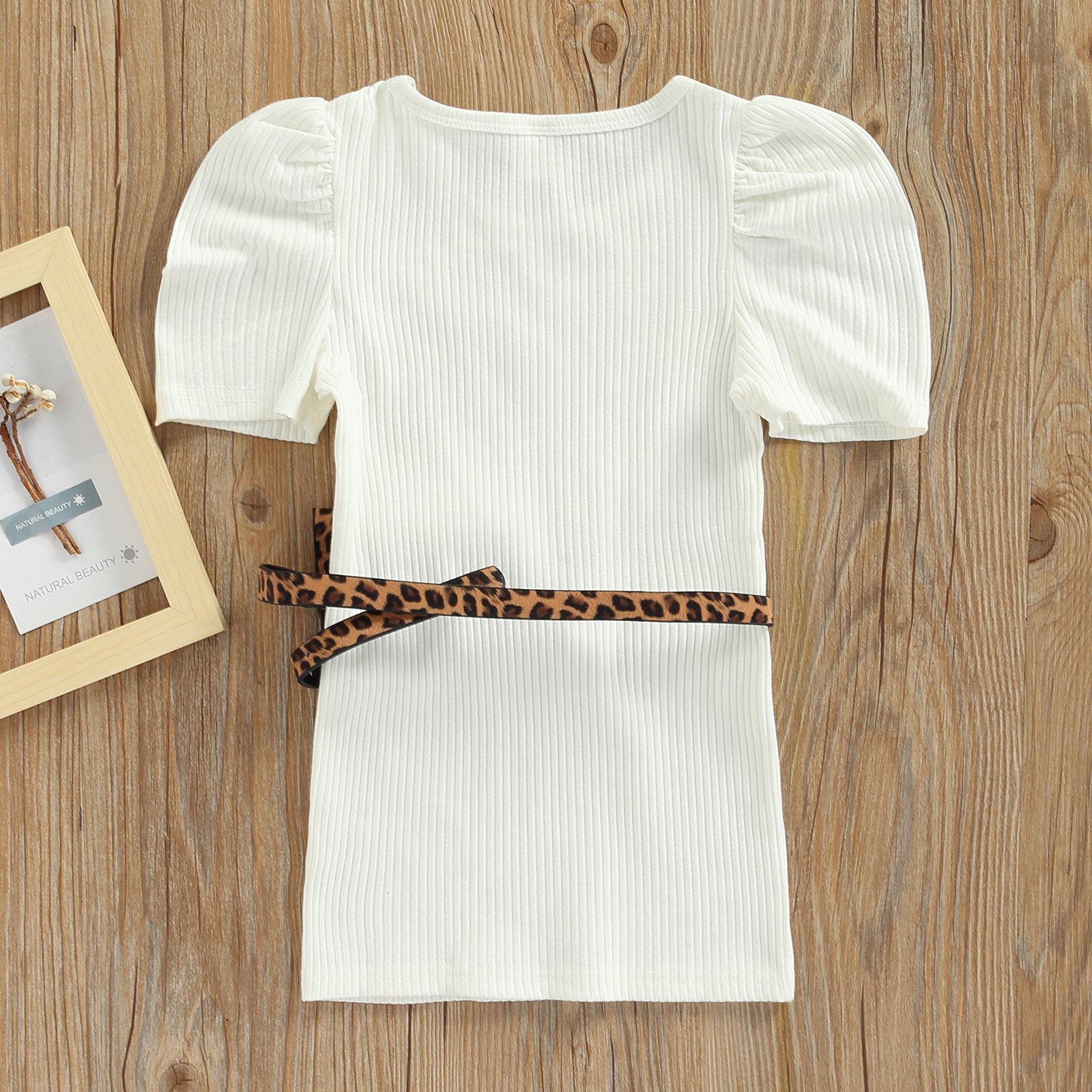 1-6Y Mode Kinderen Zomer Jurken Effen Kleur Kid Meisje Korte Mouwen Ronde Hals Jurk Met Luipaard Patroon Fanny Pack