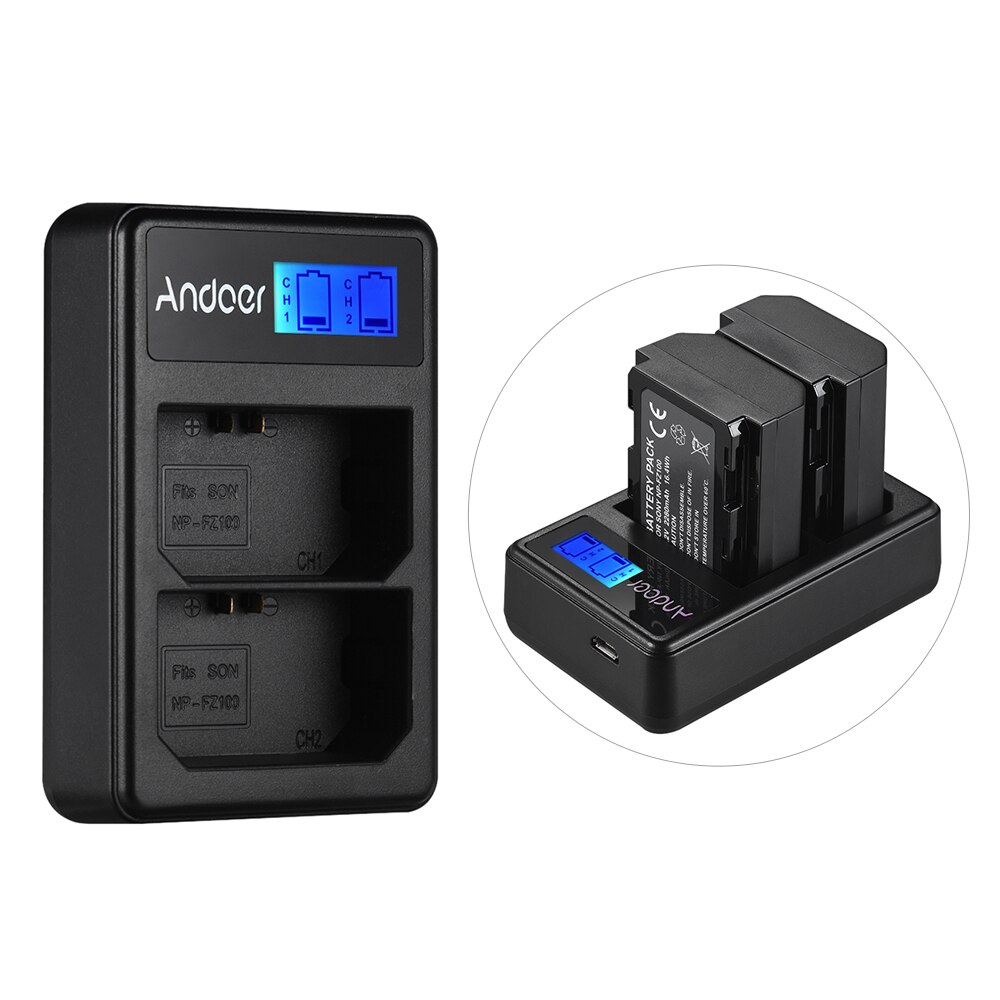 Andoer LCD2-FZ100 Compact Dual Channel Lcd Camera Batterij Oplader Usb Ingang Lcd Voor Sony NP-FZ100 Voor Sony Camera