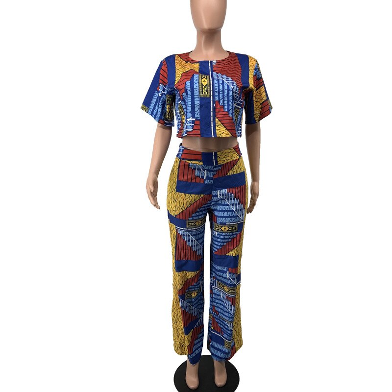 Tvådelat set afrika kläder afrikanska dashiki blomtryck kostym topp byxor super elastisk fest för kvinnor outfits