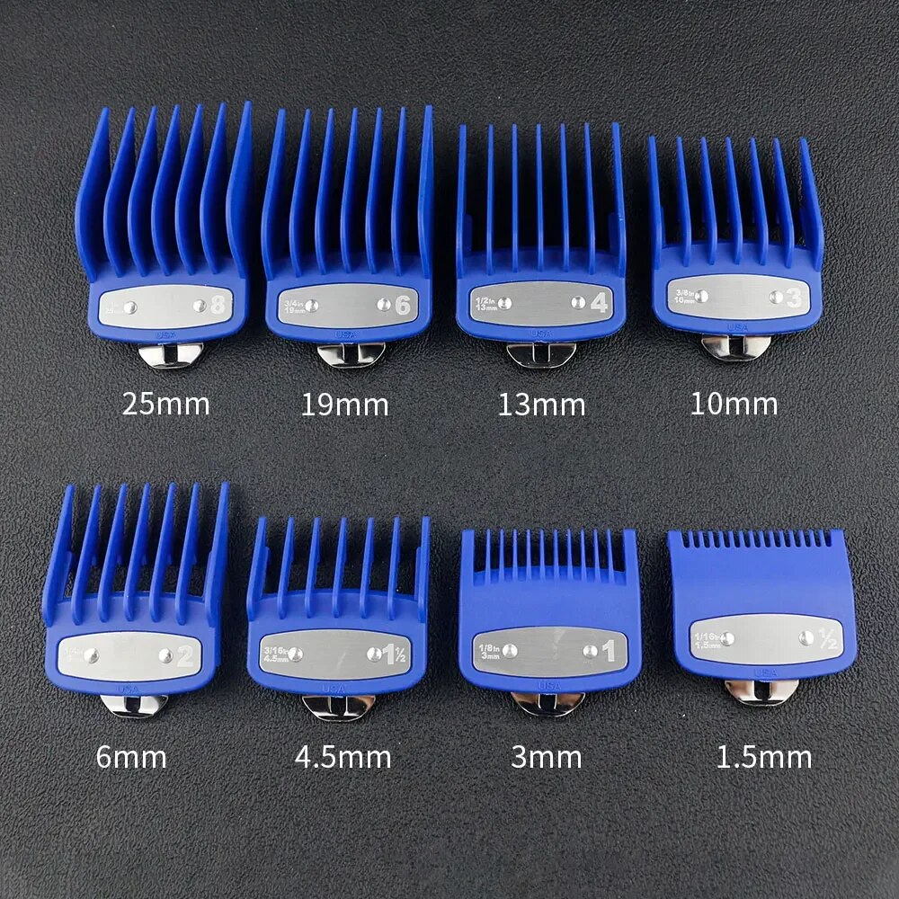 8 unids/set peluquero cortadora de pelo peines guía para cortadora Wahl accesorio corte de pelo peine limitado herramientas de corte de pelo de salón: Azul