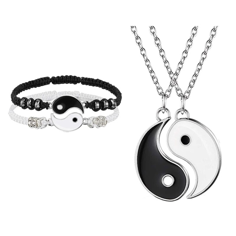 Set di collane per bracciali coppia Tai Chi cinese Fengshui porta fortuna cordoncino di cuoio bracciale intrecciato ciondolo in lega regalo braccialetto intrecciato: Set 02