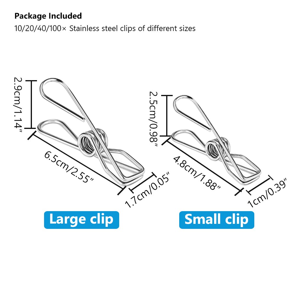 ETUUD 10-40PCS Multi-use Stainless Steel Clips Washing Line Clothes Pegs Clips Clamp For Drying Laundry Clothespin Utility Clip