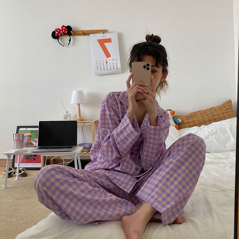 Plaid Home Suit Sleepwear Women's Pijama De Mujer Cotton Long Sleeve Sleep Tops + Pants Nightie Women Night Suits Pyjama Femme