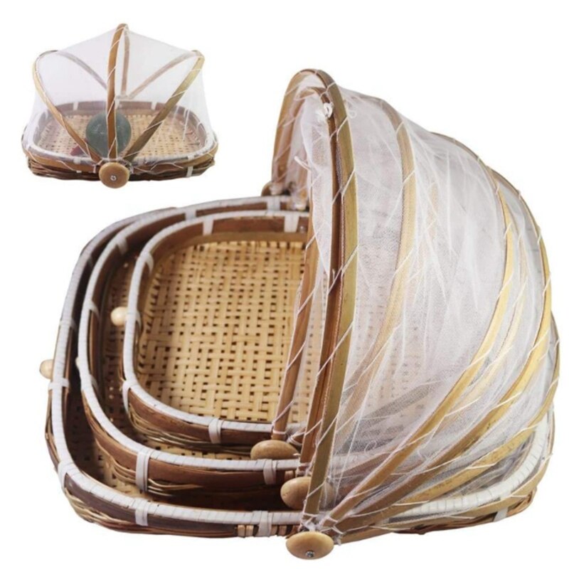 Hand-Woven Food Basket, Bamboo Food Tent Basket, Food Tent Basket with Net Gauze Cover,Outdoor Bread Basket