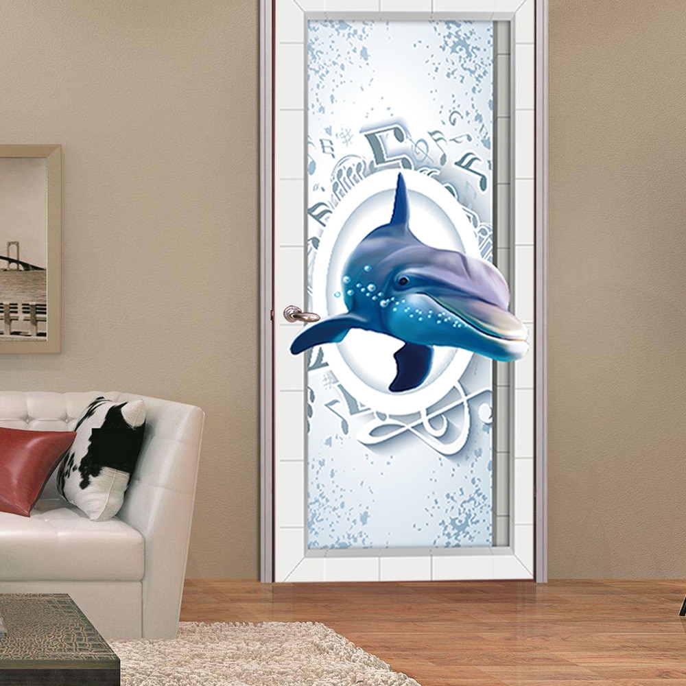 3D Blue Dolphin Door Stickers Kids Room Door Poster Wooden Steel Door DIY Renovation Decal Self Adhesive Wardrobe Wallpaper