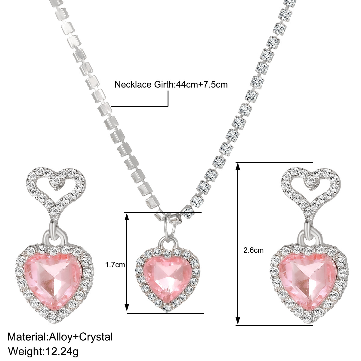 Conjunto de collar y pendientes de cristal rosa con circonita de corazón para mujer, collar colgante de lujo, pendientes, conjuntos de joyería de boda, , 3 uds.