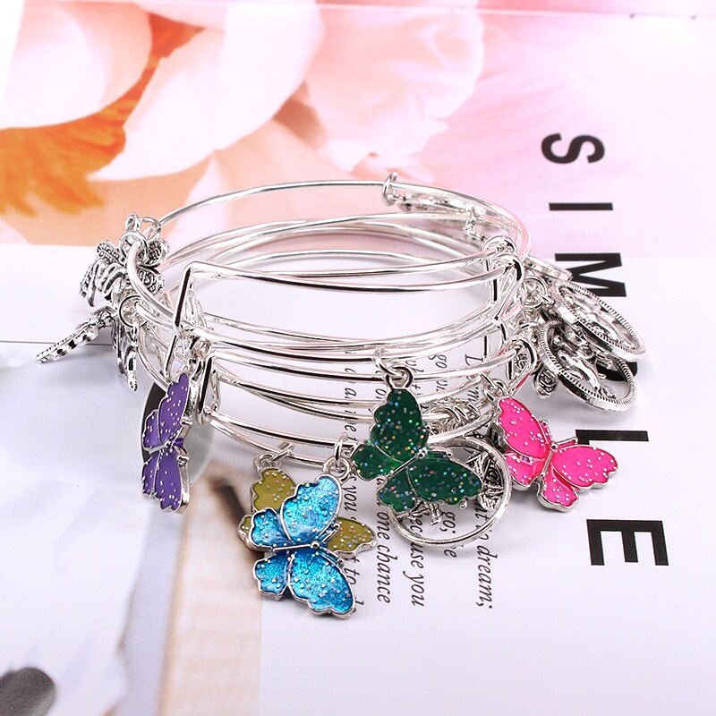 5Pcs Bangle Set Draad Armbanden Voor Vrouwen Meisjes Juwellen Vlinder Dragonfly Boog Bedels Armbanden Manchet Jewlery C044: E36 Silver Plated