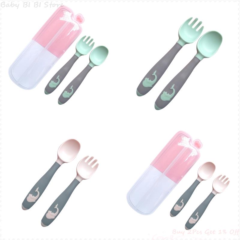 1 Set Baby Children Spoon Fork Set Soft Bendable Scoop Fork Kit Tableware Toddler Cartoon Training Feeding Cutlery