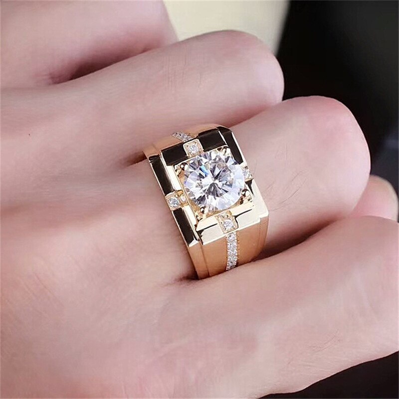 Crystal Male Female White Round Ring Promise Gold Color Engagement Rings For Men Women Zircon Square Adjustable Wedding Ring