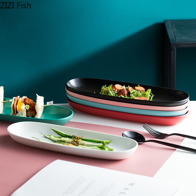 Oval Ceramic Plates Solid color Simple Long Plate Oven Dish Breakfast Flat Plate European Style Salad Fish sushi Cutlery