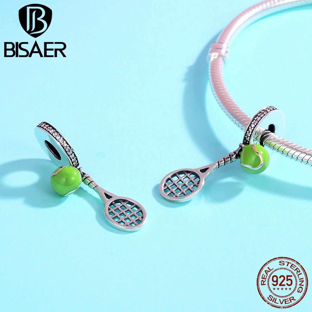 BISAER 100% 925 Sterling Silver Tennis Ball Passion Sports Love Charms Fit Original DIY Bracelets & Necklaces Jewelry ECC335
