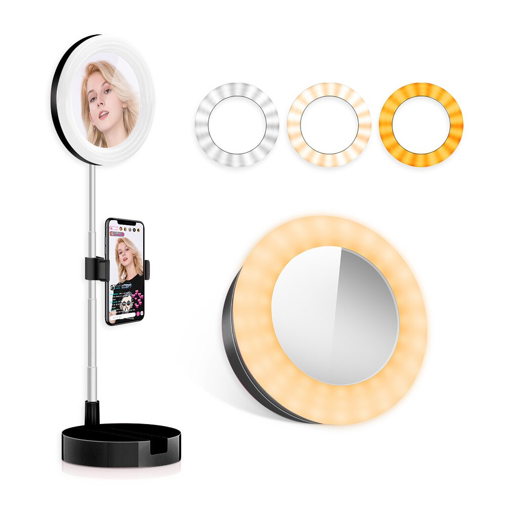 LED Makeup Mirror Dimmable LED Selfie Live Ring Fill Light Standing Mirror Adjustable Photography RingLight Vanity Mirrors: Green