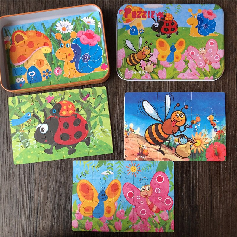 4 In 1 Puzzles 9/12/15/20Pcs Puzzles/Set With Iron Box Wooden Toys For Kids Educational Baby Toys Learning: Insect