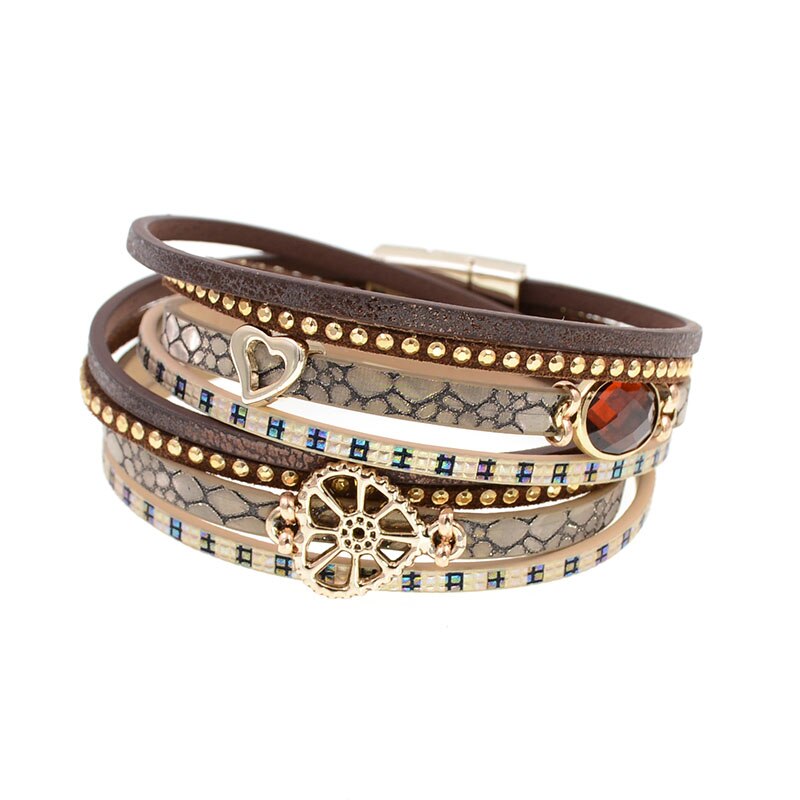 WELLMORE neue stlye glas leder armband wickelarmbänder für frauen Trendy Böhmischen armbänder B17110601: brown