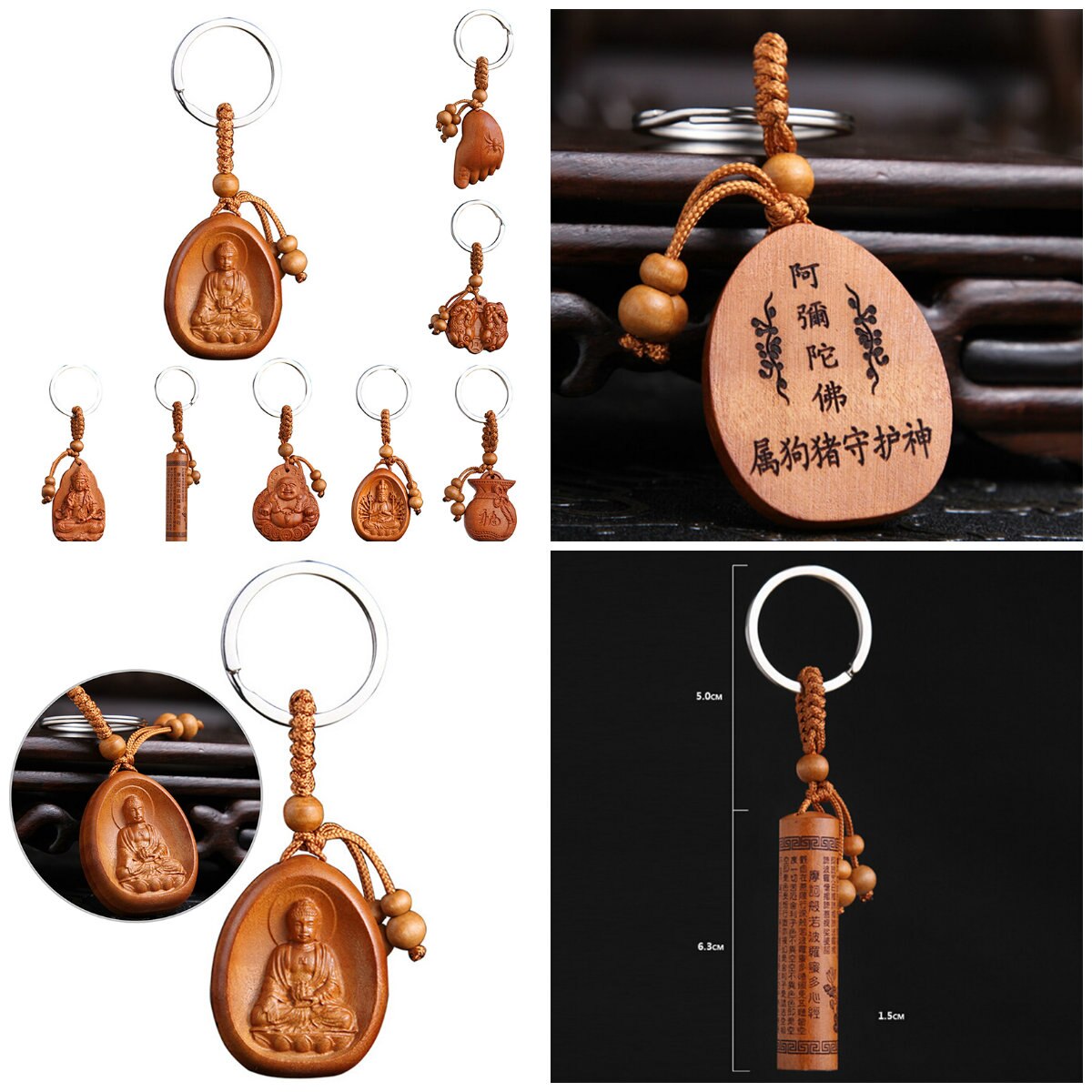 For Car Bag keyring Lucky Jewelry Peach Wood Carving buckle Buddha Pendant Keychain
