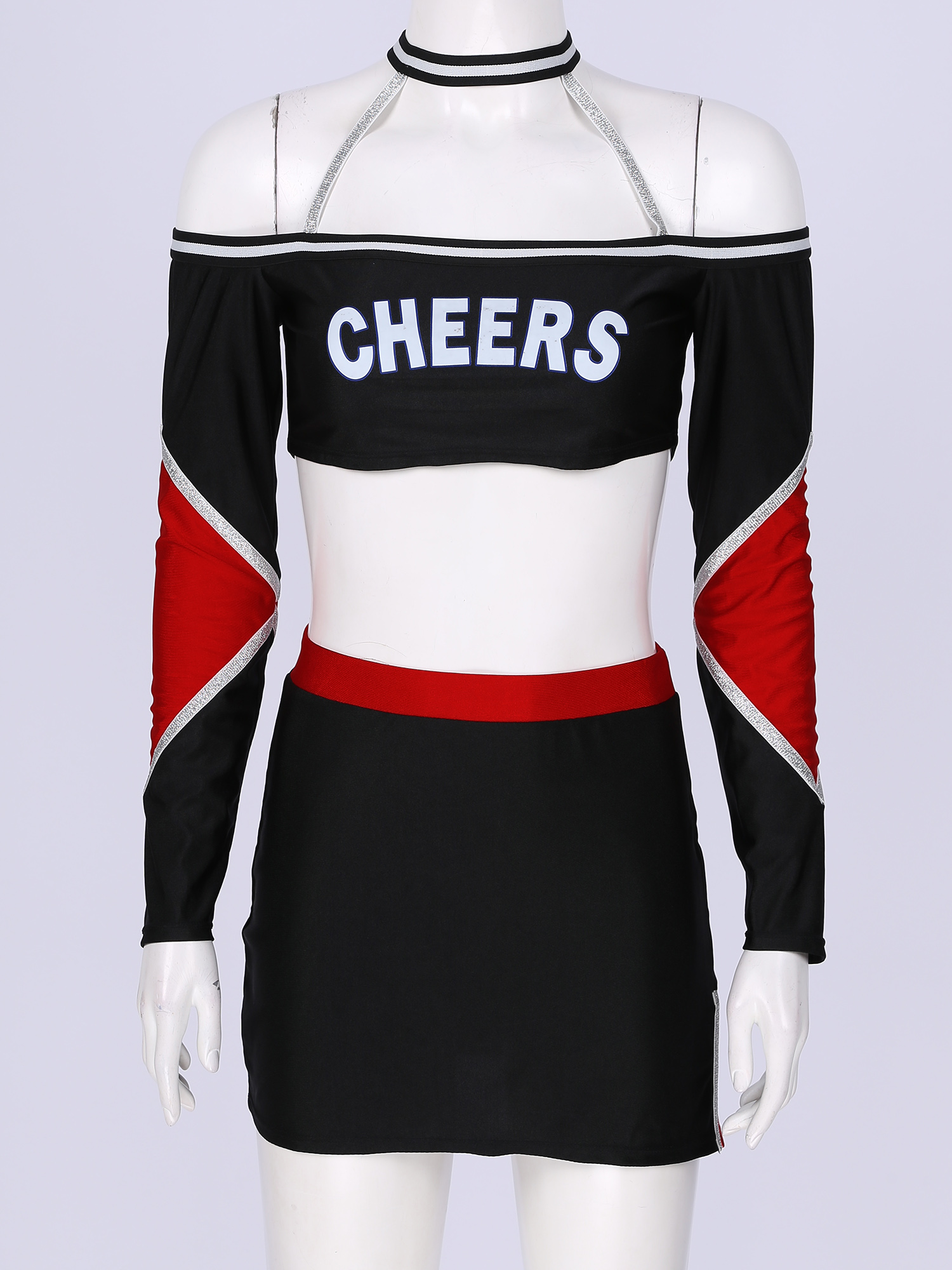 Womens Cheerleading Unform Stage Performance Cosplay Kostuum Brief Afdrukken Halter Lange Mouwen Crop Top Met Split Mini Rok