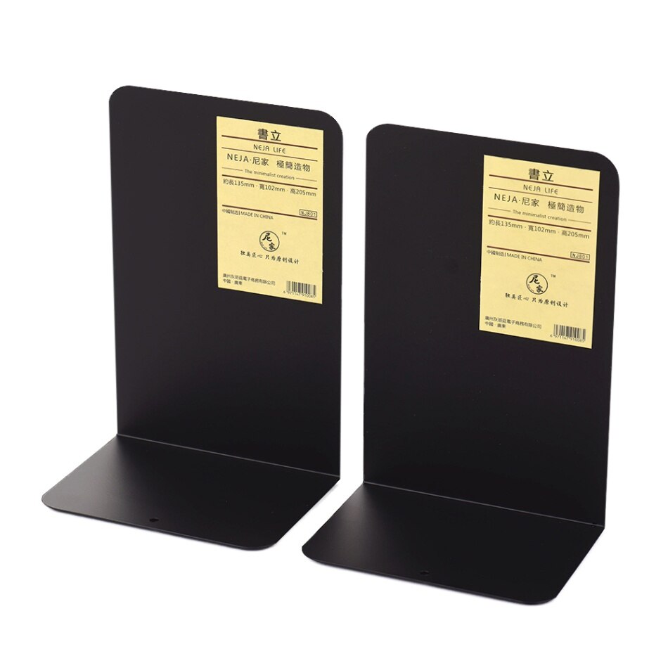 1 Pair L-shaped Metal Bookends Heavy Duty Book Ends Book Holder Stand Desk Organizer Bookshelf Shelves with Anti-slip Pads: Black