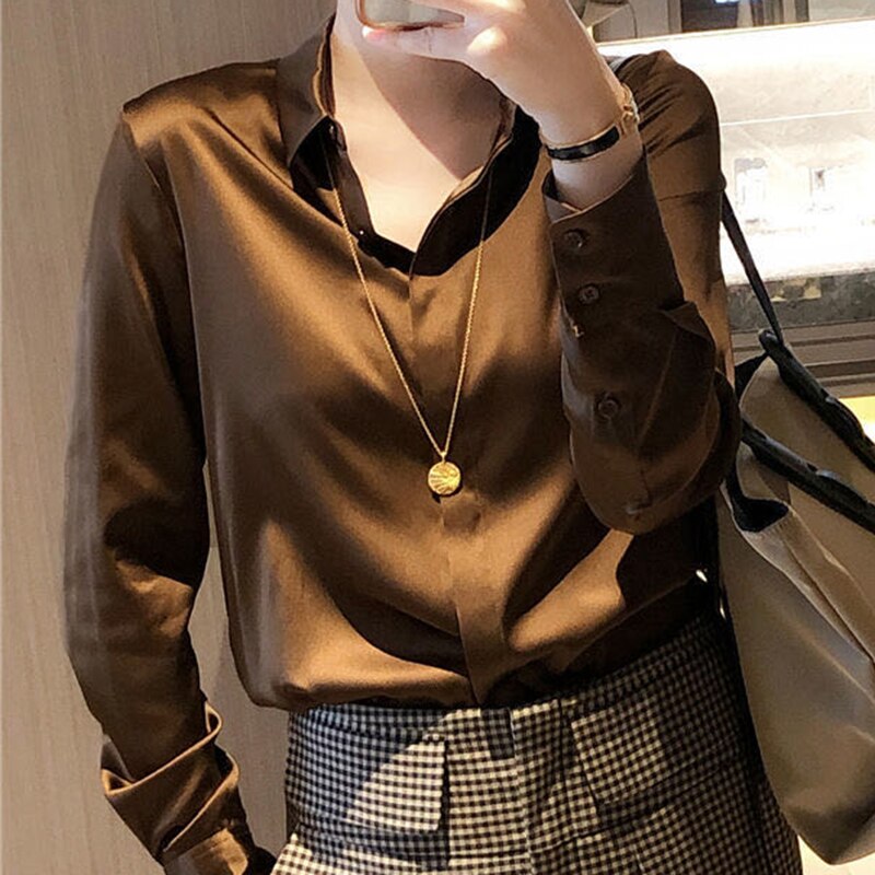 casual ladies blouse chocolate color comfortable imitation silk shirt top