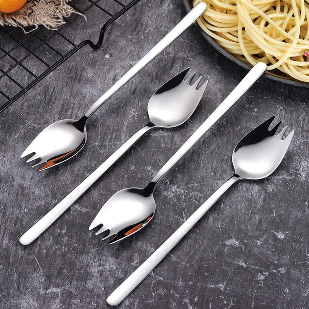 Cuchara tenedor con mango largo para ensalada, cuchara reutilizable de acero inoxidable para Picnic, vajilla deportiva, cucharas doradas de acero para el aire libre, postre W7J0