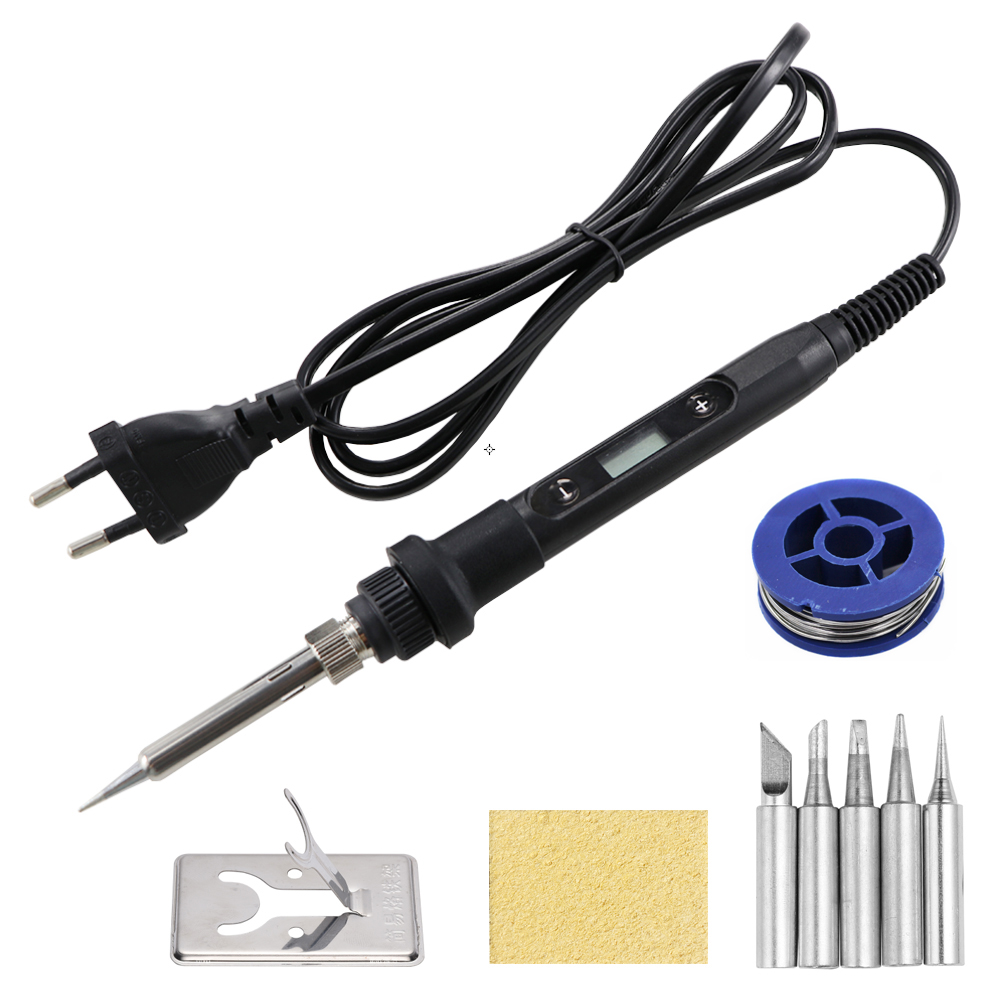 Elektrische Lötkolben 80W Temperatur Einstellbar LCD Schweißen Reparatur Werkzeuge 220V Löten Eisen Kopf/Zinn Draht Werkzeug zubehör: 220V EU Plug / Black Set-2