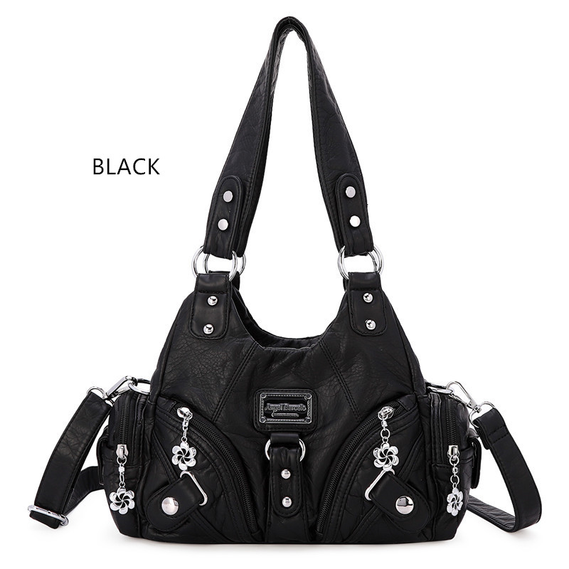 Women Vintage Purse Small Female Shoulder Bag Cute Tote Wash Faux Leather Handbag with Long Strap: black