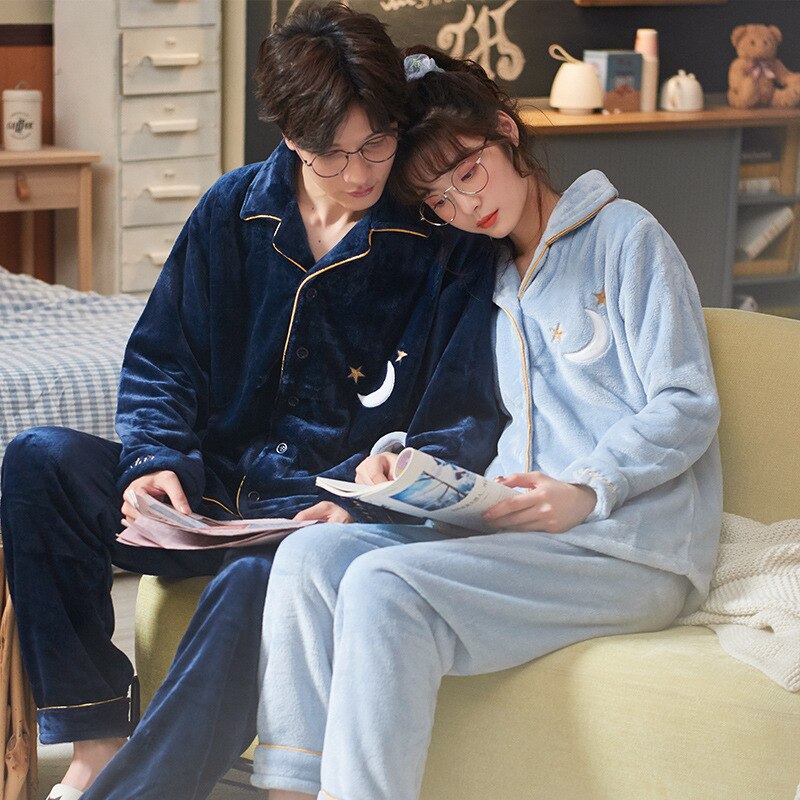 Winter Couples Pajamas Set Cute Moon Star Flannel For Women Pajamas Men Plush Sleepwear Pyjamas Suit Home Clothing Sleep