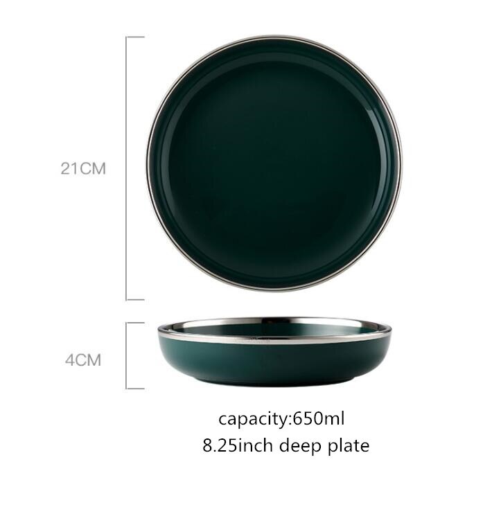 Zilveren rand retro nordic light luxe keramisch servies donkergroen servies serie hotel servies set westerse gerechten 1pc: 8.25 inch diep bord