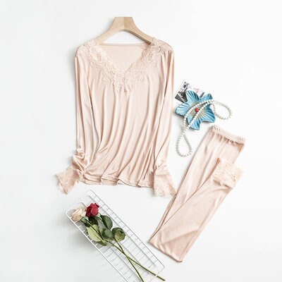 Women Autumn Winter Silk Long Johns Lace V neck Solid Knitted Thermal Underwear: Nude / XL