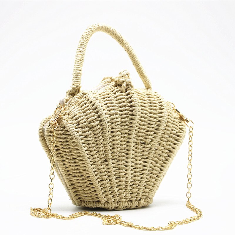 2022 Zomer Stro Handtas Voor Vrouwen Weave Rieten Shell Patroon Crossbody Bag Vrouwelijke Strand Bohemen Draagtas: khaki 2