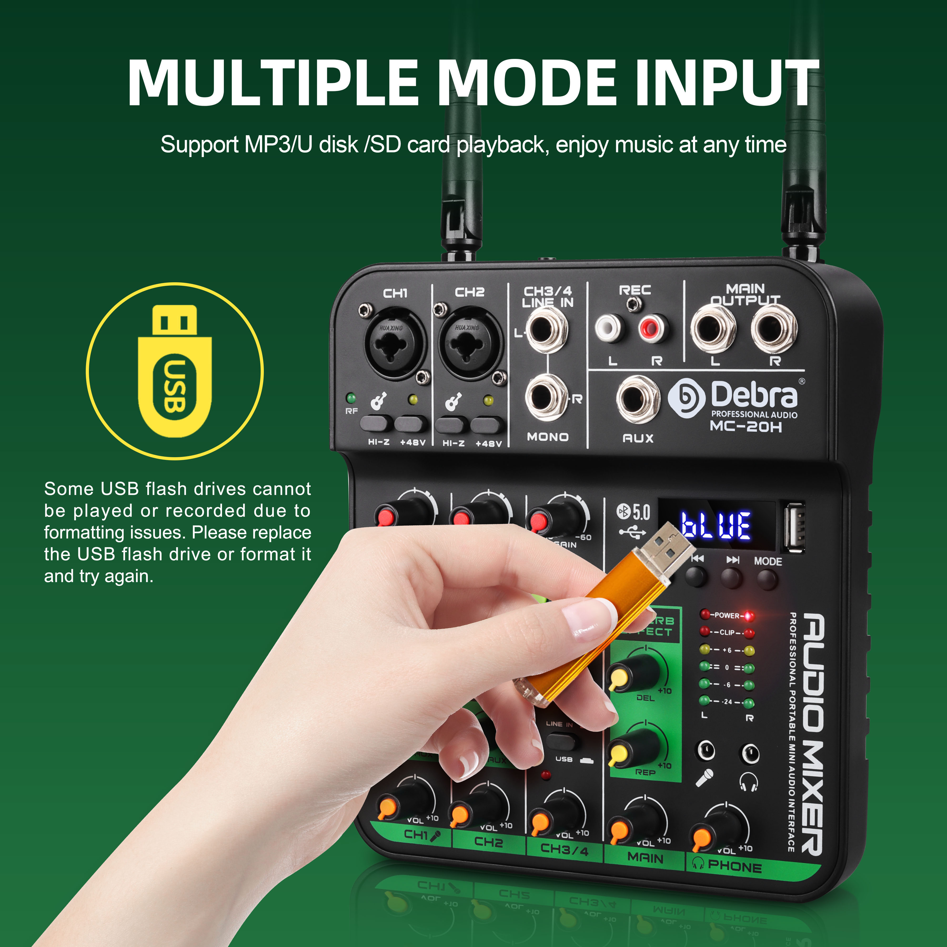 Debra UHF Wireless Microphone 4 Channels Audio Mixer Audio Interface Mixing Console Bluetooth Record PC Delay Repaeat Effect