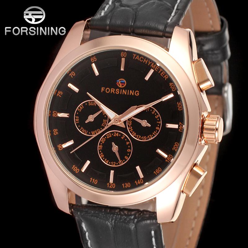 Mode Forsining Top Mannen Automatische Mechanische Horloge Mannen Goud Casual Horloges Lederen Kalender 24 Uur Klok: Rose Gold-Black
