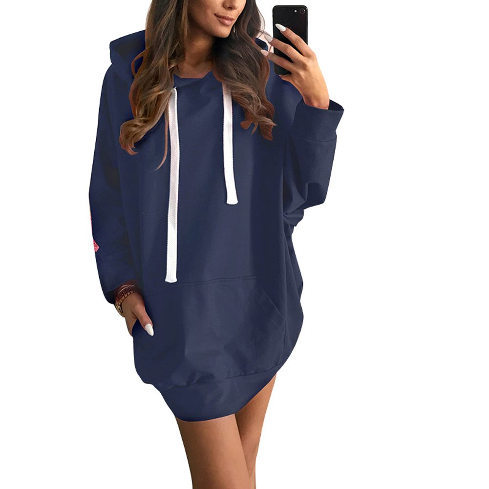 Women Long Hooded Sweatshirt Long Sleeve Solid Color Loose Hoodies Coat SEC88: M / Blue